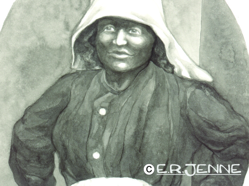 An illustration is of Annie Morgan, an early Rock Creek settler, is on display at the Forest Service's historic Morgan-Case homestead cabin.