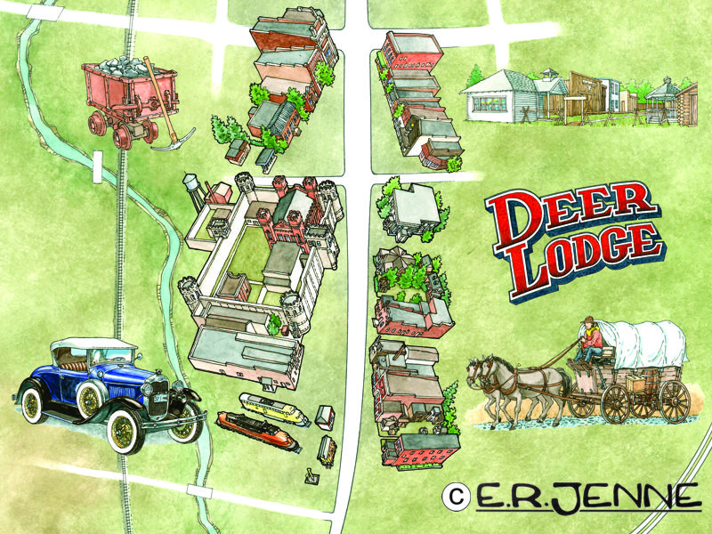 The preliminary elements for a Deer Lodge tourist map.  The various components (structures, name plate, spot drawings) are constructed as separate components and can be resized or relocated as necessary.