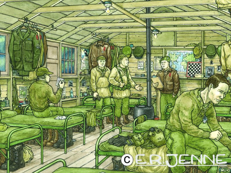 An illustration of First Special Service Force soldiers inside a 'hutment' during training at Fort Harrison, Montana in 1942.  This artwork was used as part of an interpretive history walking path at Fort Harrison.