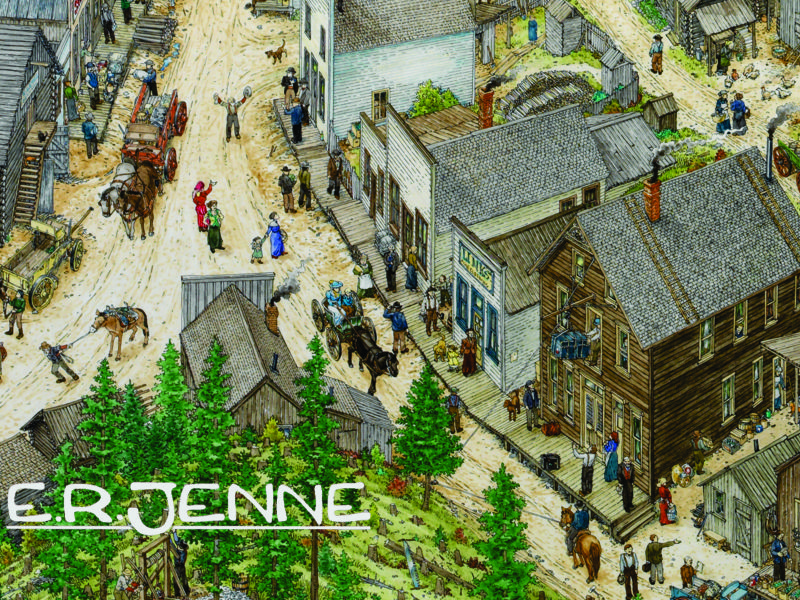 Commissioned by the BLM, this illustration of Garnet  recreates the structures and activities of the mining town in it's heyday in about 1910.   Garnet "ghost town" is a popular destination for visitors to western Montana each summer.