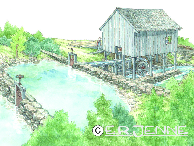 An illustration of the Melendy Mill for New Boston Air Force Station interpretive history publications and displays.