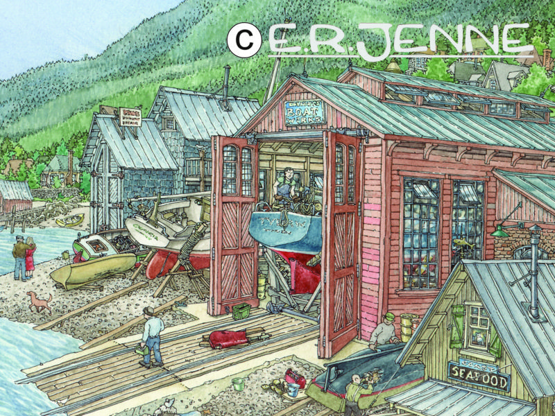 A detail from the 'Wooden Boats' artwork.  This illustration of a small seaside town and the eclectic collection of wooden boats inhabiting  the harbor will soon be available as a high quality art print.