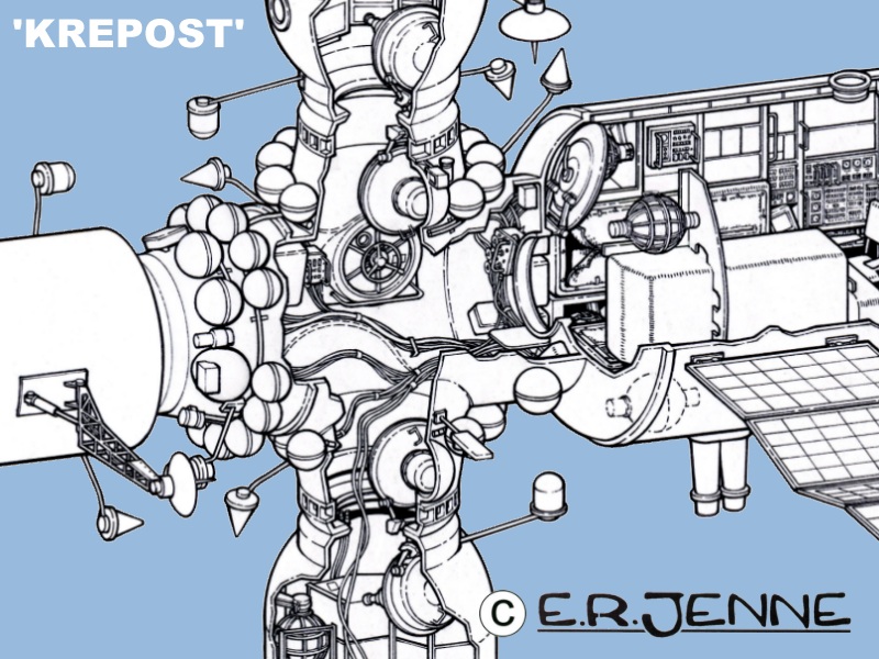 One of a series of technical illustrations for the 'Blue Gemini' trilogy by author M.C.Jenne.  This is depiction of the fictional 'Krepost' space station from 'Pale Blue', the final book of the adventure fiction series. 